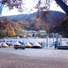 湖畔のボート乗り場には貸しボートやスワンボートが並びます。