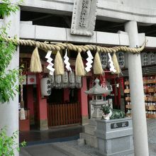 神木の楠が駅のホームを貫いていることで知られている萱島神社