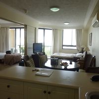 キッチンカウンター越しに見た部屋。冷蔵庫、電子オーブンあり。