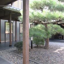 松の木の周囲にベンチや武家屋敷跡の紹介パネル、右手は屋内スペ