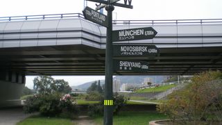 橋の下に世界の都市の方向と距離を示したポールがある