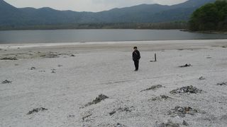 青っぽい湖の中に温泉らしいものが湧く