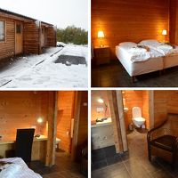 宿泊棟外観と内部。床暖房でホカホカ。寒さ知らずでゆったり気分