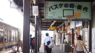 駅のホームにバスケットゴールがある、面白い駅です。　