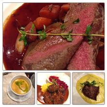 上トナカイ／左ザリガニスープ／中鹿肉ミートボール／右ビーフ