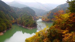 県道沿いから湖面にうつる紅葉が楽しめます（別子ダム）