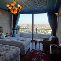 青い天井が印象的な広い客室