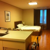 キッチンとベッドの間にソファーがあります（前にTV）