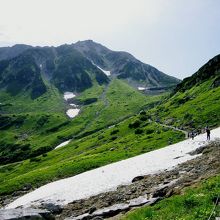 雪渓を何度か渡って、まず一ノ越を目指す