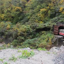 渓谷を走る電車。トンネルに入るところ。