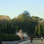大阪城がよく見える大きな公園を歩く