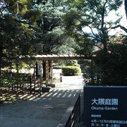 講堂の時計台が見える早稲田の静かな庭園