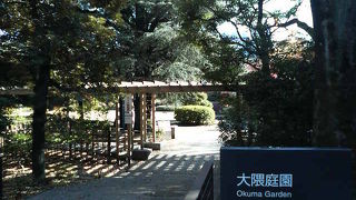 講堂の時計台が見える早稲田の静かな庭園
