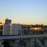 右側に小さく見えるのは成田山三重塔？