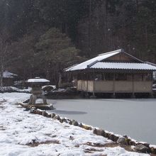 氷のはった池と雪化粧した東屋