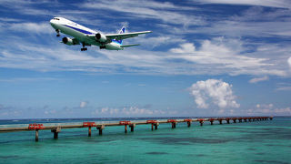 青い海に飛行機が降りてくる。