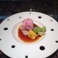 ブリのソテー 自家製ポン酢ソース  紫ジャガイモのサラダ乗せ