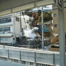 駅のホームから湯煙を上げる温泉汲み上げポンプが見えます。