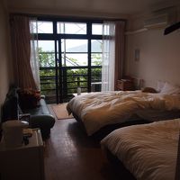 窓の外は植え込みがあって海は少ししか見えず