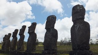 海を見つめている　モアイ像7体