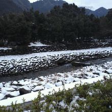 眼下に流れる川。一面の銀世界。