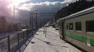 海岸をカーブする列車で着く無人駅