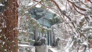 雪化粧した木の間から、眺めるとまた綺麗