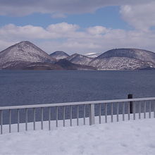 洞爺湖温泉側から眺めた中島の様子