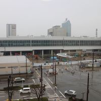 駅すぐ向かいの立地で、新幹線の工事をしている富山駅が見えます