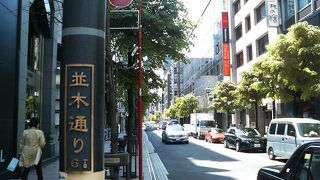 刈り揃えられた街路樹が並ぶ銀座の裏通り