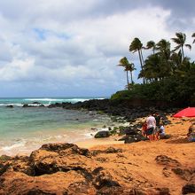 ラニアケア・ビーチ。砂浜は多くなく溶岩からできた岩海岸