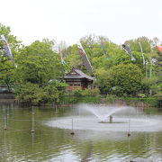 ボート遊びができる池があります