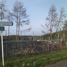 SA外部に続くサイクリングロードの標識とSAの遠景