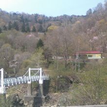 駅舎の遠景と吊り橋の様子