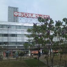 ターミナルビルの外観と創成川沿いのライラック