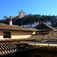 中庭を囲むホテル建物の向こう側にアルハンブラ宮殿が。