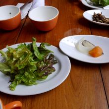 前菜にサラダとピクルス　他の料理にはオムレツ