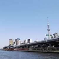 両国から浅草まで隅田川を水上バス（船)で移動中の眺め