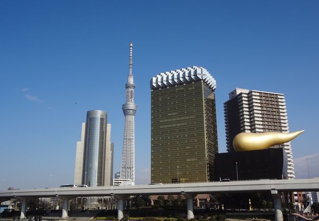 隅田川と東京スカイツリー、アサヒビールタワーの夜景