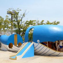 タコ公園のクジラ遊具。小学生が学校帰りにはしゃいでいます。