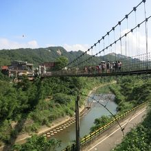 駅のすぐ近くにある吊り橋。結構スリルがあります。