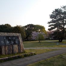 市民公園の標石。右手奥に枝垂桜があります。