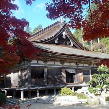 右手からの梁間５間の国宝本堂と紅葉。