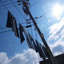 ジーンズが頭上に飾られています