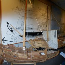 木造和船の展示。江戸時代の菱垣廻船（左）と弁才船（右）。