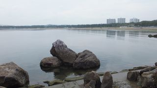 八景島の前にある人工の砂浜。市民の憩いの場です。