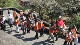 アジャンタ石窟は入り口から階段を登り奥が深いから、足腰が弱い人には駕篭がお勧め