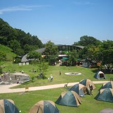 入口付近の広場。噴水池で水遊びができます。