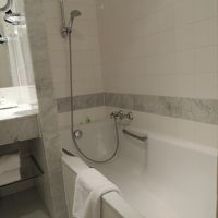 シャワーは上下に動かせます。シャワーカーテンは無し。