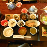生野菜サラダ，山菜蕎麦，鮭、きんぴら，温泉卵などの和朝食